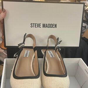 Steve Madden Cream Slingback Flats with Black Trim and Striped Ankle Ties